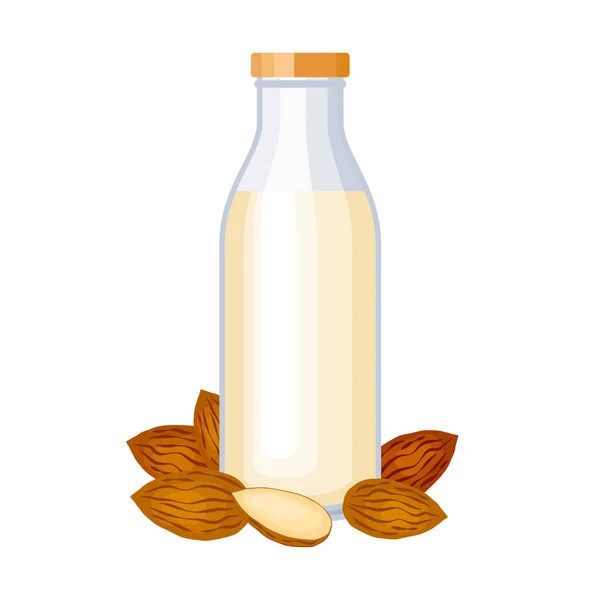 玻璃瓶杏仁牛奶病媒说明 以植物为基础的牛奶替代品绘图 在白色背景上分离的一罐蔬菜汁和一堆堆杏仁图标病媒 — 图库矢量图片