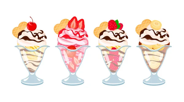 冰淇淋圣代的各种类型图标集向量 巧克力 水果冰淇淋圣代与奶油 结冰和晶圆片图标设定病媒分离的白色背景 迷人的冰淇淋杯画图 — 图库矢量图片