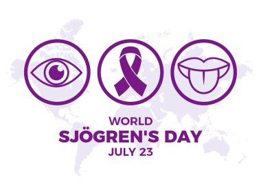 World Sjogren's Day poster with purple ribbon vector illustration. Purple awareness ribbon, eye, tongue icon set vector. Dr. Henrik Sjogren, the Swedish ophthalmologist. July 23 every year. Important day clipart