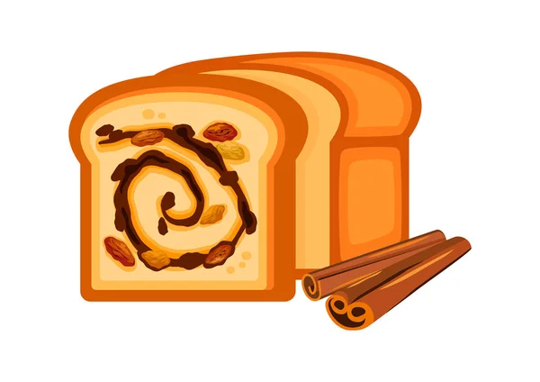 Tarçınlı Üzümlü Ekmek Vektör Çizimi Tarçınlı Tatlı Girdap Ekmeği Beyaz — Stok Vektör