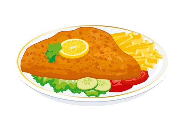 フライドポテトベクトルイラストと揚げポークシュニッツェル 白い背景に隔離されたプレートアイコンベクトル上のフライドポテトと野菜のガーニッシュと揚げステーキ チキンカツの絵 — ストックベクタ