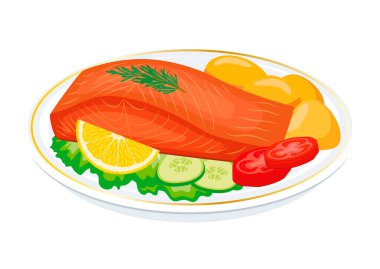 Patatesli somon bifteği ve sebze garnitür çizimi. Izgara somon simgesi vektörü beyaz arka planda izole edilmiş. Tabakta balık bifteği