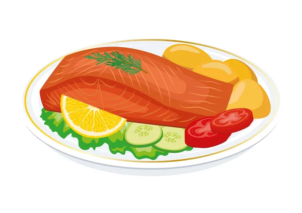 鲑鱼牛排肉与土豆和蔬菜装饰病媒插图 烤鲑鱼图标向量分离在白色背景 盘子里的鱼牛排 — 图库矢量图片