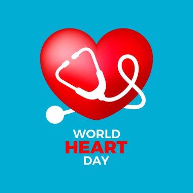 Kırmızı kalp şekli ve steteskop vektör resimli Dünya Kalp Günü posteri. Mavi arka planda izole edilmiş stetoskop ikon vektörlü kırmızı parlak kalp şekli. Her yıl 29 Eylül 'de. Önemli bir gün.