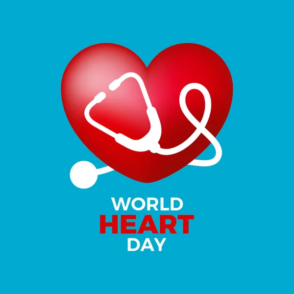 stock vector World Heart Day Poster with red heart shape and stethoscope vector illustration. Red shiny heart shape with stethoscope icon vector isolated on a blue background. September 29 every year. Important day