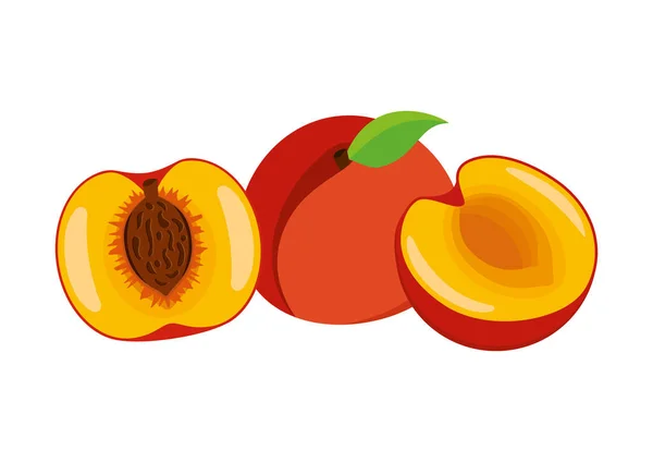 Halbe Und Ganze Frische Pfirsichfrucht Symbolvektor Reife Pfirsiche Symbol Gesetzt — Stockvektor