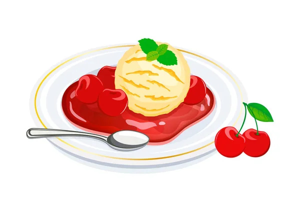 樱桃大庆甜点矢量插图 用樱桃 甜酒和香草冰淇淋在白色背景上制成的火红甜点 樱桃酱和一勺香草冰淇淋放在盘子里 — 图库矢量图片