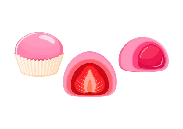 いちご餅コレクションベクトルイラスト 白を基調とした甘い和菓子ピンクのアイコンセットベクトル ストロベリーフルーツモチケーキドローイング — ストックベクタ