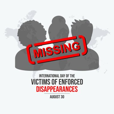 Zorunlu Kaybolma Kurbanları Uluslararası Günü vektör illüstrasyonu. Kaybolan insanlar vektörü. Kayıp kişi simgesi. Kayıp insanlar gri siluet vektörü. Her yıl 30 Ağustos 'ta. Önemli bir gün.