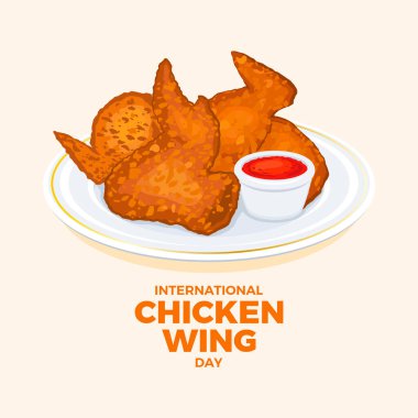 Uluslararası Tavuk Kanatları Günü vektör çizimi. Kırmızı sos ikon vektörlü kızarmış tavuk kanadı. Tabakta çıtır tavuk kanadı. Her yıl 1 Temmuz 'da. Önemli bir gün.