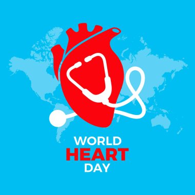 Kırmızı kalpli ve steteskop vektör resimli Dünya Kalp Günü posteri. Stetoskop ikon vektörlü kırmızı kalp organı mavi arka planda izole edilmiş. Her yıl 29 Eylül 'de. Önemli bir gün.