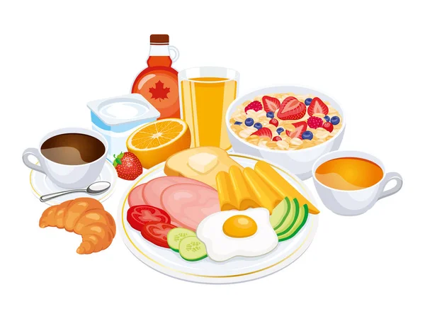 Gran Desayuno Con Muchos Alimentos Bebidas Ilustración Vectorial Saludable Desayuno — Vector de stock