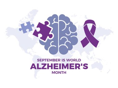 Eylül, Dünya Alzheimer Ay vektör illüstrasyonudur. Mor farkındalık kurdelesi, insan beyni ve yapboz parçası ikonu vektörü. Alzheimer hastası çizimi olan biri. Akıl sağlığı sembolü. Önemli bir gün.