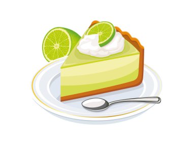 Anahtar Limonlu Turta Çizimi. Beyaz arka planda izole edilmiş krem şanti ikon vektörlü bir dilim limonlu pasta. Tabakta turunçgil meyveli kek.