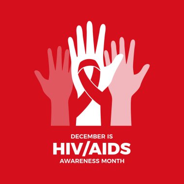 Aralık, HIV / AIDS Farkındalık Ayı vektör illüstrasyonudur. Kırmızı HIV farkındalık şeridine yardımcı olur ve insan elleri ikon vektörünü kaldırır. Önemli bir gün.