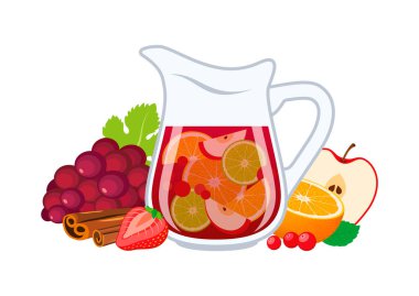 Meyve ve baharat vektör resimli bir sürahi kırmızı sangria. Beyaz arka planda izole edilmiş Sangria içecek ikonu taşıyıcısı. Geleneksel İspanyol şarabı alkollü içecek çizimi