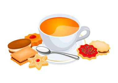 Bir fincan çay ve bisküvi hala yaşam vektörü çizimi. Beyaz arka planda izole edilmiş lezzetli çay keki vektörü. Farklı tipte bisküvi çizimleri. Kurabiye ikonu vektörlü çay içeceği