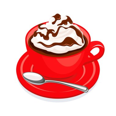 Sıcak çikolatalı kırmızı kupa ve krem şantili vektör çizimi. Beyaz arka planda izole edilmiş bir fincan sıcak çikolata ikonu. Kırmızı fincan kakao çizimi. Tatlı kış içecek ikonu