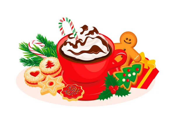 ホットチョコレートとクリスマスジンジャーブレッドクッキーベクターイラストのカップ 白い背景に隔離されたキャンディーケーキ ショートブレッドクッキー キャンディーベクターとクリスマスココアドリンク — ストックベクタ