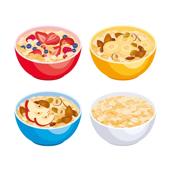 Oatmeal Porridge Berries Nuts Icon Set Vector Bowl Oatmeal Fruits — Stock Vector