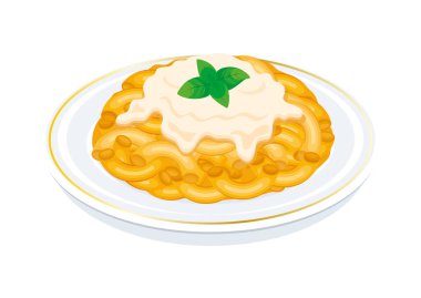 Krem peynir soslu makarna vektör çizimi. Krema soslu makarna tabağı ve beyaz arka planda izole edilmiş fesleğen yaprağı ikonu vektörü. Tabakta makarna çizimi