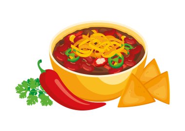 Meksika Chili con Carne Bowl vektör çizimi. Geleneksel Meksika baharatlı yemeği et, fasulye, peynir ve beyaz arka planda izole edilmiş nacho cipsi ikonu.
