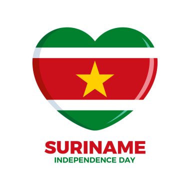 Soyadı Bağımsızlık Günü poster illüstrasyonu. Surinam bayrağı beyaz bir arkaplanda izole edilmiş kalp şekli ikon vektörü. Bayrak kalp sembolü tasarım elementini soyadıyla çağır. Her yıl 25 Kasım 'da. Önemli bir gün.
