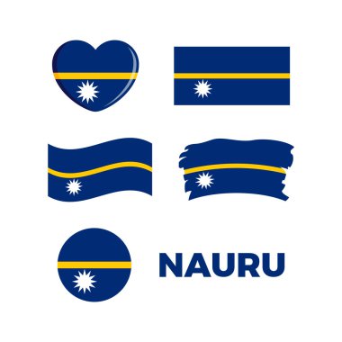 Nauru bayrak simgesi beyaz arkaplanda izole edilmiş bir vektör belirledi. Nauruan bayrağı grafik tasarım elementi. Kalp şeklindeki Nauru bayrağı. Nauru Cumhuriyeti sembolleri koleksiyonu. Düz biçimli Nauru simgeleri kümesi