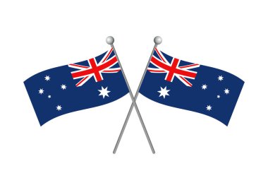 İki Avustralya bayraklı vektör çizimi. İki çapraz dalgalı Avustralya bayrağı ikonu vektörü beyaz arka planda izole edildi. Avustralya grafik tasarım unsuru bayrağı. Avustralya bayrağı direğin üzerinde
