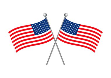 İki Amerikan bayraklı vektör çizimi. Beyaz arka planda izole edilmiş çaprazlanmış iki Amerikan bayrağı ikonu vektörü. Birleşik Devletler grafik tasarım unsurunun bayrağı. ABD bayrağı direğin üzerinde