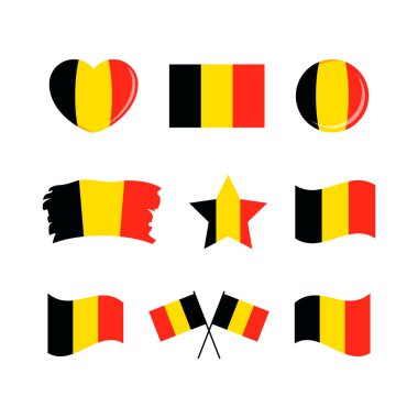 Belçika bayrak simgesi beyaz bir arkaplanda izole edilmiş vektör seti. Belçika bayrağı grafik tasarım unsuru. Belçika sembolleri koleksiyonu bayrağı. Düz biçimli Belçika bayrak simgeleri kümesi