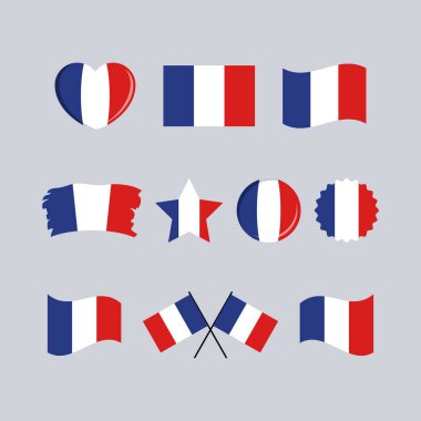 Fransa bayrak simgesi gri bir arkaplanda izole edilmiş vektör belirledi. Fransız Bayrağı grafik tasarım elementi. Fransız sembolleri koleksiyonu. Fransa bayrak simgelerinin dizisi düz stil