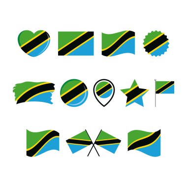 Tanzanya bayrak simgesi beyaz arkaplanda izole edilmiş bir vektör belirledi. Tanzanya Bayrağı grafik tasarım elementi. Tanzanya sembolleri koleksiyonu. Tanzanya bayrak simgelerinin dizisi düz stil