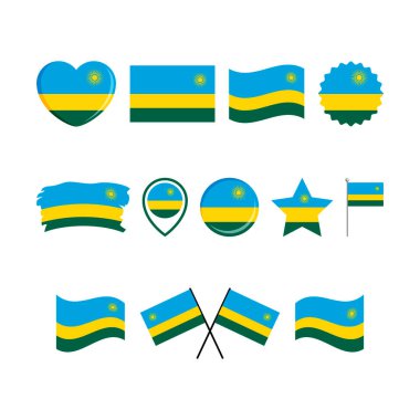 Ruanda bayrak simgesi, beyaz arkaplanda izole edilmiş vektör seti. Ruanda Bayrağı grafik tasarım elementi. Ruanda sembolleri koleksiyonu bayrağı. Düz biçimli Ruanda bayrak simgeleri kümesi