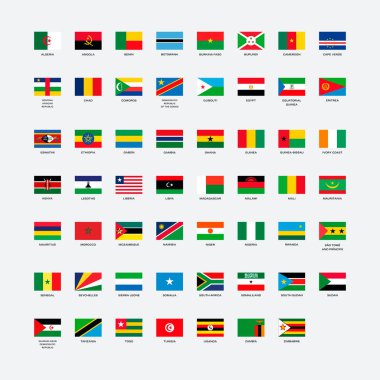 Tüm Afrika ülkelerinin bayrakları vektör illüstrasyonlarını listeler. Gri arka planda isim simgesine sahip Afrika ülkelerinin bayrakları izole edilmiş. Afrika bayrağı simgeleri düz stil. Afrika bayrak grafik tasarım elementi