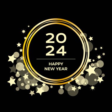 2024 Mutlu Yıllar siyah arkaplan çizimi üzerinde parlak altın yuvarlak çerçeve. 2024 Mutlu Yıllar zarif siyah altın tebrik kartı ve yıldız vektör illüstrasyonu. 2024 Yeni Yıl tabelası