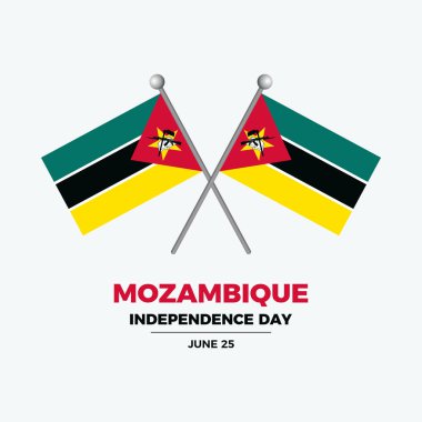 Mozambik Bağımsızlık Günü poster çizimi. Gri arka planda izole edilmiş bir kutup ikonu vektöründe iki Mozambik bayrağı. Mozambik tasarım elementinin bayrağı. Her yıl 25 Haziran 'da. Önemli bir gün.
