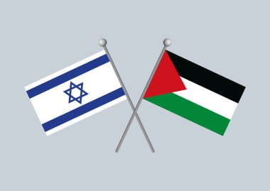 Resmi İsrail ve Filistin Bayrağı bir kutup vektör illüstrasyonunda. İsrail ve Filistin, gri arka planda izole edilmiş bayrak ikon vektörlerini çaprazladı. İsrail ve Filistin Bayrakları grafik tasarım elementini birleştiriyor