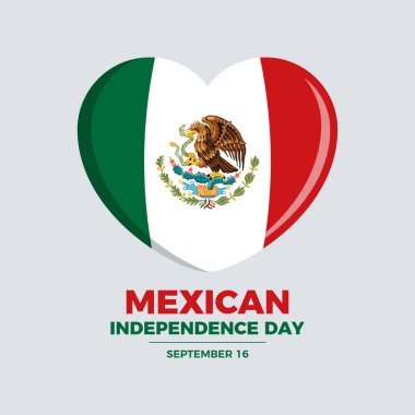 Meksika Bağımsızlık Günü poster çizimi. Meksika bayrağı kalp şeklindeki ikon vektörü gri arka planda izole edildi. Meksika bayrağı aşk sembolü. 16 Eylül. Önemli bir gün.