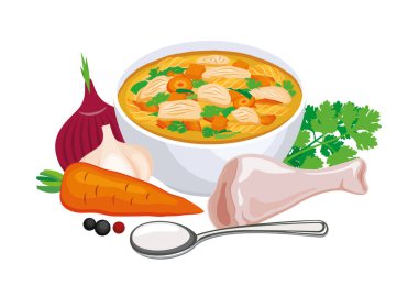 Fusilli makarna ve sebze illüstrasyonlu tavuk çorbası. Sebzeli tavuk çorbası, çiğ tavuk budu ve baharatlar beyaz arka planda izole edilmiş yaşam ikonu vektörü. Tavuk çorbası çizimi.