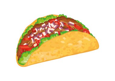 Biftek ve sebze vektör resimli Meksika Taco yemeği. Taco ikon vektörü beyaz arkaplanda izole edildi. Geleneksel Meksika fast food çizimi. Et ve sebze vektörüyle dolu tortilla.