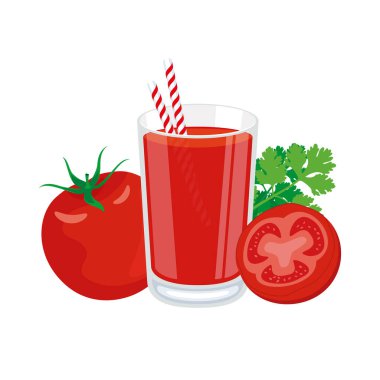 Bir bardak taze domates suyu çizimi. Sağlıklı domates suyu beyaz arka planda izole edilmiş ikon vektörü. Kamış çizilmiş domates suyu.