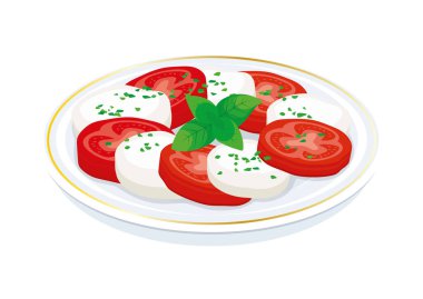 Mozzarella ve domates vektör resimli Caprese salatası. Beyaz zemin üzerinde mozzarella peyniri, domates ve fesleğen yaprağı ikonu olan Caprese salatası. Tabakta klasik İtalyan salatası.