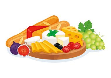 Üzümlü peynir tabağı, incir ve baget vektör çizimi. Tahta kesim tahtası ikonu vektöründe çeşitli peynir türleri. Peynir tabağı, camembert peyniri, emmental ve daha fazlası beyaz arka planda.