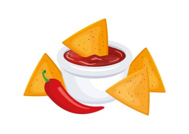 Kırmızı baharatlı salsa soslu nachos ve kırmızı biberli vektör çizimi. Beyaz arka planda izole edilmiş salsa sosu ikon vektörlü mısır cipsi. Tuzlu atıştırmalıklar, tortilla cipsi çizimi.