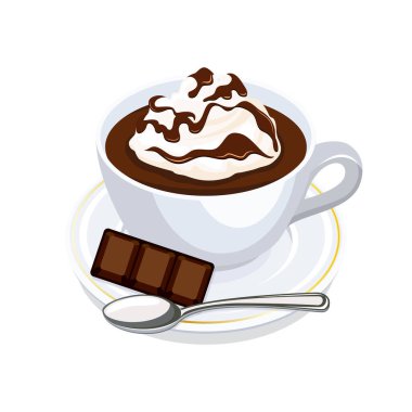 Krem şantili ve çikolatalı bir fincan sıcak çikolata. Beyaz arka planda izole edilmiş beyaz bardak sıcak çikolata ya da kahve ikonu vektörü. Bir fincan kakao çizimi.