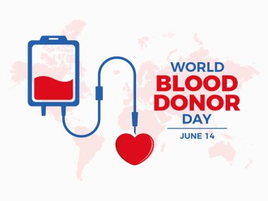 Dünya Kan Bağışı Günü poster çizimi. Damardan kan torbası düşürücü ve kalp şekli ikon vektörü. Kan bağışı sembolü. Pankart, poster ya da baskı için tasarım. Her yıl 14 Haziran 'da. Önemli bir gün.