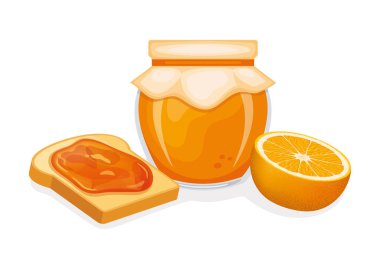 Portakal reçeli resimli kızarmış ekmek. Tost ve portakallı marmelat kahvaltısı. Turuncu reçel kavanozu ve beyaz arka planda izole edilmiş ekmek ikonu.