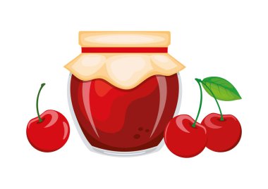 Cam kavanozda kiraz reçeli ve taze kiraz vektör çizimi. Bir bardak vişneli marmelat tasarımı. Beyaz arkaplanda izole edilmiş kiraz reçel kavanozu simgesi