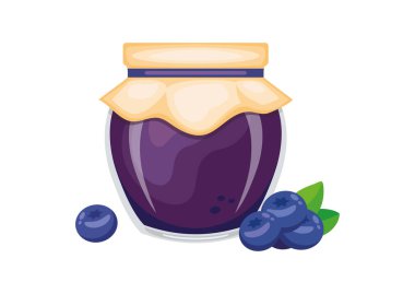 Cam kavanozda yabanmersini reçeli ve taze yaban mersini vektör çizimi. Bir bardak yabanmersinli marmelat tasarımı. Beyaz arkaplanda yaban mersini reçel kavanozu simgesi izole